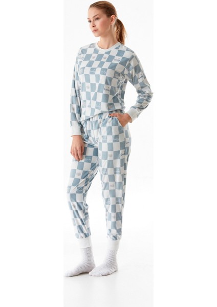 Dama Desenli Bisiklet Yaka 2 Li Kadife Pijama Takımı indirimleri