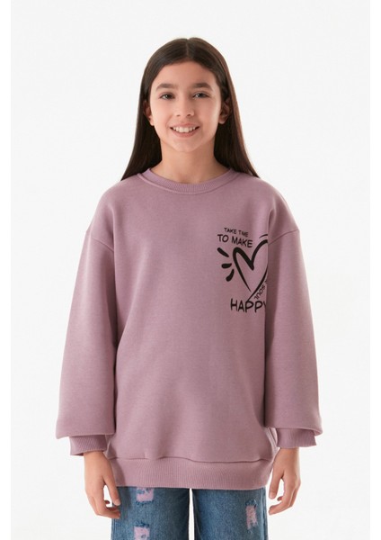 3 Iplik Kalp ve Yazı Baskılı Kız Çocuk Sweatshirt