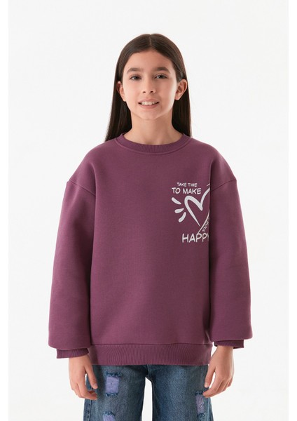 3 Iplik Kalp ve Yazı Baskılı Kız Çocuk Sweatshirt