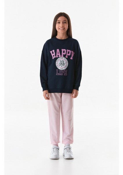 Happy Yazı Baskılı Bisiklet Yaka Kız Çocuk Sweatshirt