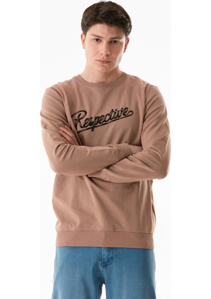 Yazı Nakışlı Bisiklet Yaka Sweatshirt