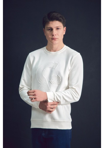 Kabartma Desenli Bisiklet Yaka Sweatshirt