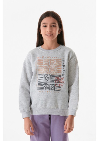 3 Iplik Brooklyn Yazı Baskılı Bisiklet Yaka Kız Çocuk Sweatshirt