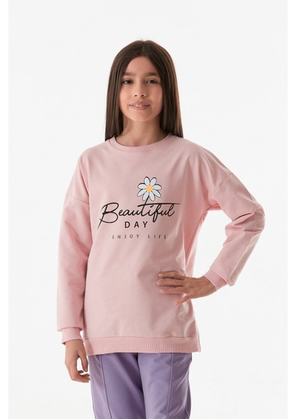 Beautiful Day Yazı Baskılı Bisiklet Yaka Kız Çocuk Sweatshirt