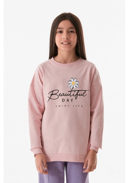 Beautiful Day Yazı Baskılı Bisiklet Yaka Kız Çocuk Sweatshirt