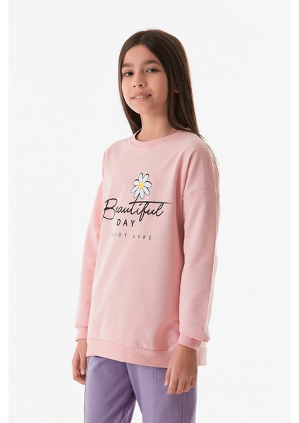 Beautiful Day Yazı Baskılı Bisiklet Yaka Kız Çocuk Sweatshirt