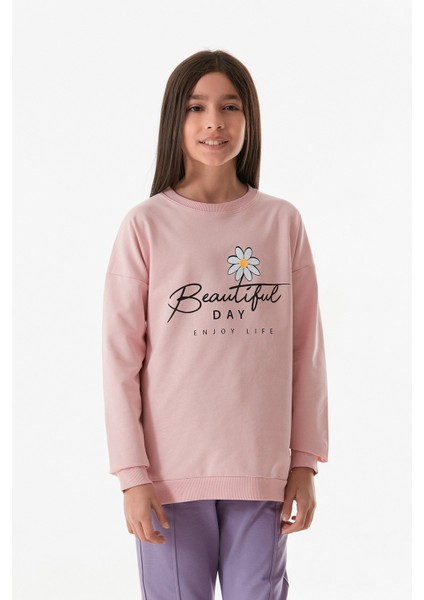 Beautiful Day Yazı Baskılı Bisiklet Yaka Kız Çocuk Sweatshirt