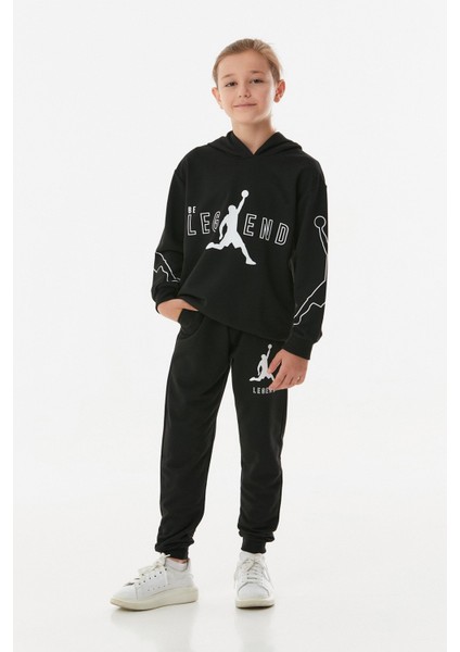 Legend Yazı Baskılı Kapüşonlu Jogger Erkek Çocuk Eşofman Takımı