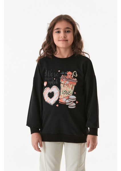 Baskılı Bisiklet Yaka Kız Çocuk Sweatshirt