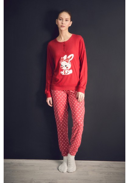 Tavşan Nakışlı Bisiklet Yaka 2 Li Pijama Takımı