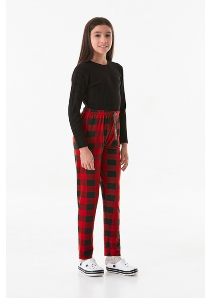 Ekose Desenli Süet Kız Çocuk Pijama Altı