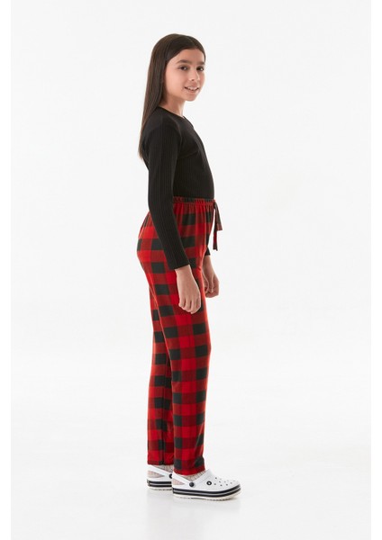 Ekose Desenli Süet Kız Çocuk Pijama Altı