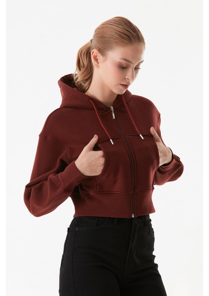 3 Iplik Basic Kapüşonlu Crop Sweatshirt Hoodie