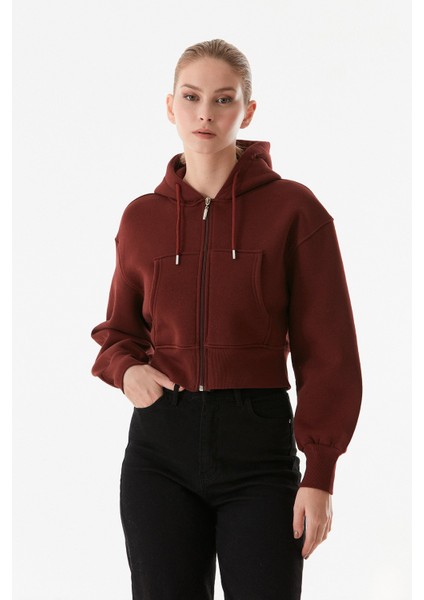 3 Iplik Basic Kapüşonlu Crop Sweatshirt Hoodie