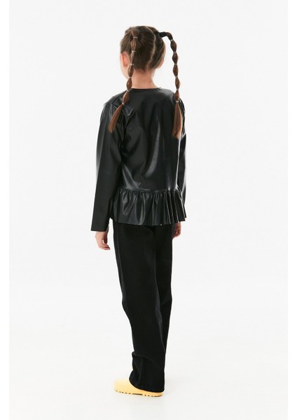 Suni Deri Fermuarlı Fırfırlı Kız Çocuk Ceket indirimleri