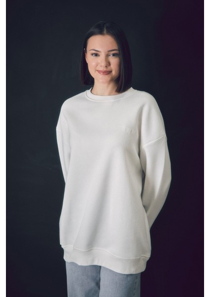 3 Iplik Çift Kalp Nakışlı Oversize Sweatshirt