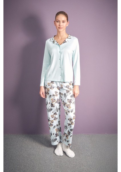 Yaprak Desenli Gömlek Yaka 2 Li Pijama Takımı