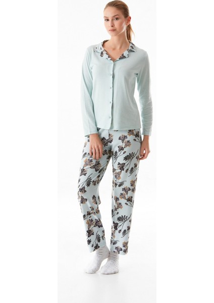 Yaprak Desenli Gömlek Yaka 2 Li Pijama Takımı modelleri