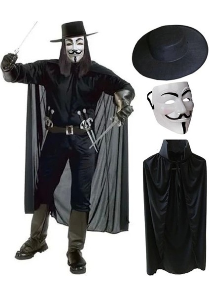 V For Vendetta Maskesi Şapkası ve Pelerin Kostüm Seti Yetişkin Boy