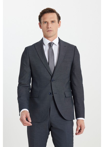 Yün Slim Fit Dar Kesim Kırlangıç Yaka Desenli Kapak Cepli Takım Elbise