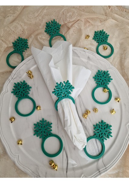 Yılbaşı Için Kar Tanesi Temalı 8 Li Yeşil Renk Peçete Halkası(Sert Plastiktir)