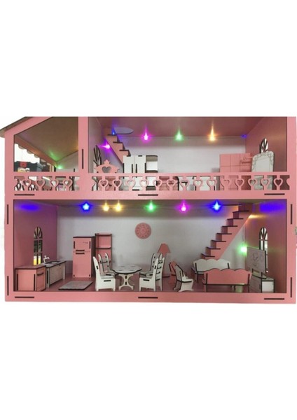 Ahşap Oyun Evi 100CM 36 Eşya Pembe LED Işıklı Isim Yazılır indirimleri