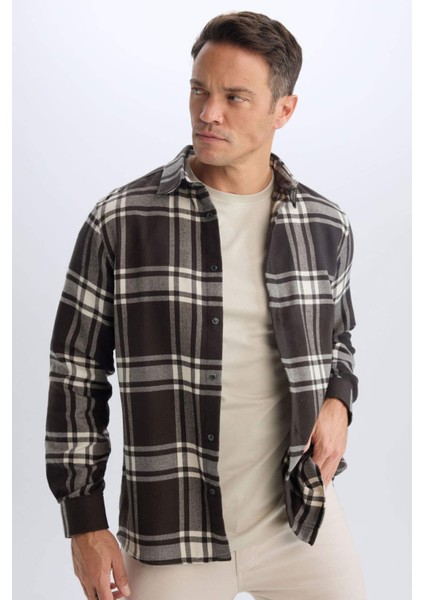 Regular Fit Polo Yaka Kareli Pamuklu Uzun Kollu Gömlek D7557AX24AU