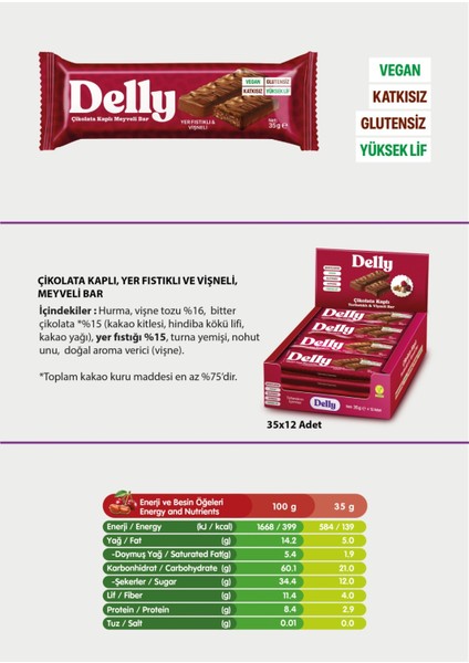 Çikolata Kaplı - Yer Fıstıklı & Vişneli Meyveli Bar 35g X 12 Adet