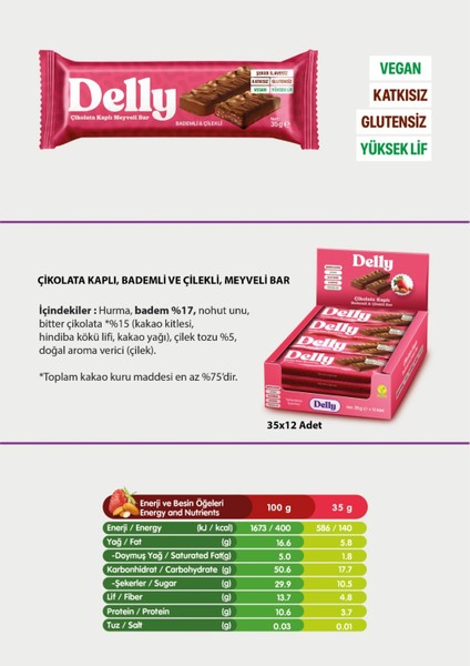 Çikolata Kaplı - Bademli & Çilekli Meyveli Bar 35g X 12 Adet