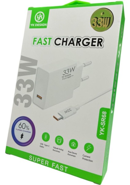 33W (Watt) Turbo Hızlı Şarj Cihazı Adaptörü ve Kablosu (Kutulu Set) YK-SR68 modelleri
