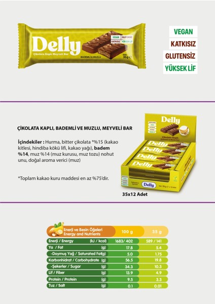 Çikolata Kaplı - Bademli & Muzlu Meyveli Bar 35g X 12 Adet