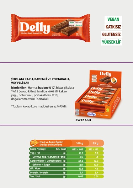 Çikolata Kaplı - Bademli & Portakallı Meyveli Bar 35g X 12 Adet