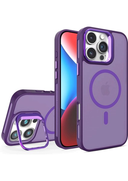 iPhone 16 Pro Max Uyumlu Kılıf Buzlu Tasarımlı Magsafe Lens Standlı Kapak