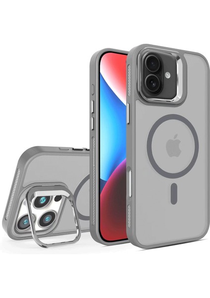 iPhone 16 Plus Uyumlu Kılıf Buzlu Tasarımlı Magsafe Lens Standlı Kapak