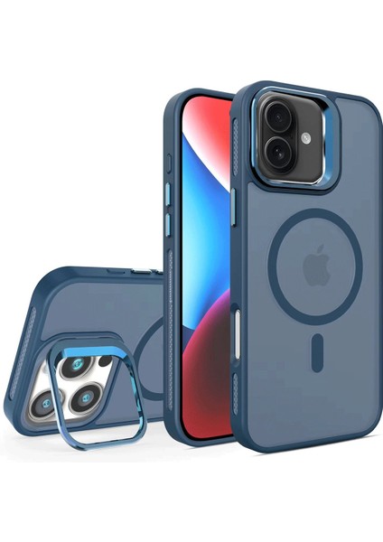 iPhone 16 Plus Uyumlu Kılıf Buzlu Tasarımlı Magsafe Lens Standlı Kapak