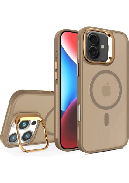 iPhone 16 Plus Uyumlu Kılıf Buzlu Tasarımlı Magsafe Lens Standlı Kapak