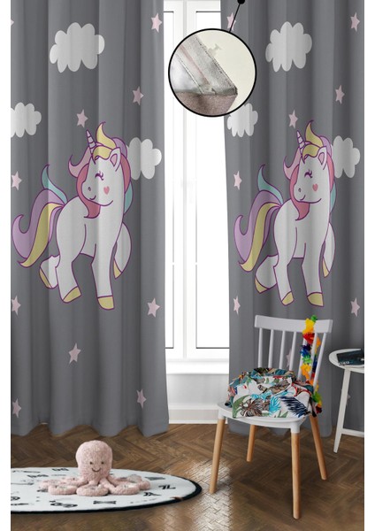 Dijital Baskı Yıkanabilir Unicorn Desenli 2 Kanat Bebek ve Çocuk Odası Fon Perdesi