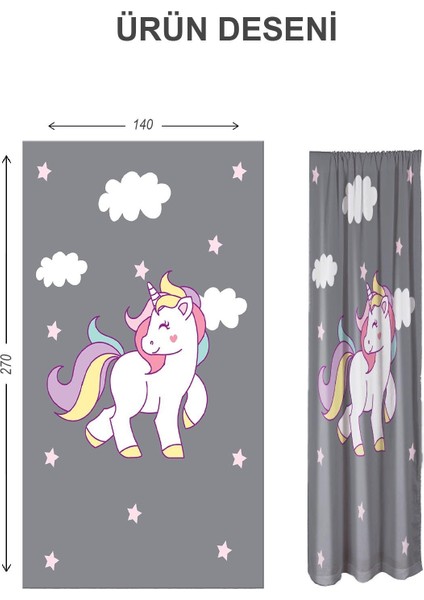 Dijital Baskı Yıkanabilir Unicorn Desenli 2 Kanat Bebek ve Çocuk Odası Fon Perdesi