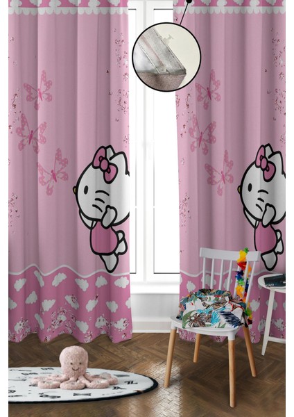 Dijital Baskı Yıkanabilir Hello Kitty Desenli 2 Kanat Bebek ve Çocuk Odası Fon Perdesi