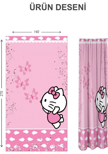 Dijital Baskı Yıkanabilir Hello Kitty Desenli 2 Kanat Bebek ve Çocuk Odası Fon Perdesi