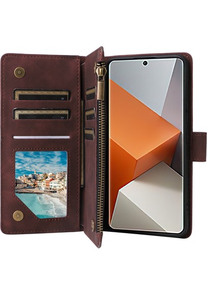 Xiaomi Redmi Için Not 13 Pro+5g Fermuarlı Cep Telefonu Kılıfı Pu Deri Koruma Standı Kapak-Kahve (Yurt Dışından)