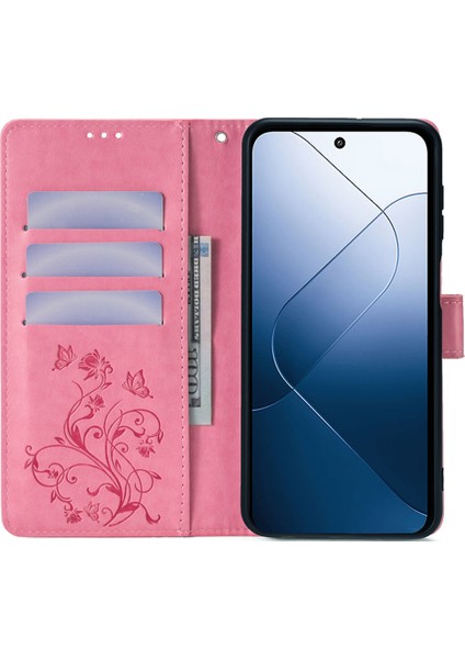 Xiaomi 14 Kılıf Çiçek Deri Cüzdan Telefon Kapağı-Pembe (Yurt Dışından)