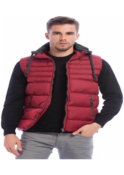 Erkek Büyük Beden Bordo Çıkarılabilir Kapüşonlu Şişme Yelek