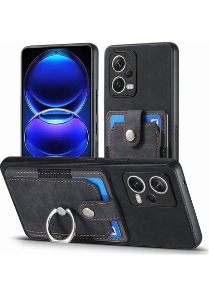Xiaomi Redmi Için Not 12 Pro 5g Kılıf Yüzük Kickstand Retro Deri + Tpu Kart Tutucu Telefon Kapağı-Siyah (Yurt Dışından)