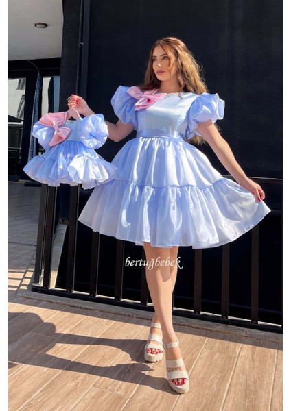 Anne Kız Bebek Çocuk Organze Kombin Abiye Elbise Mavi Pembe Takım
