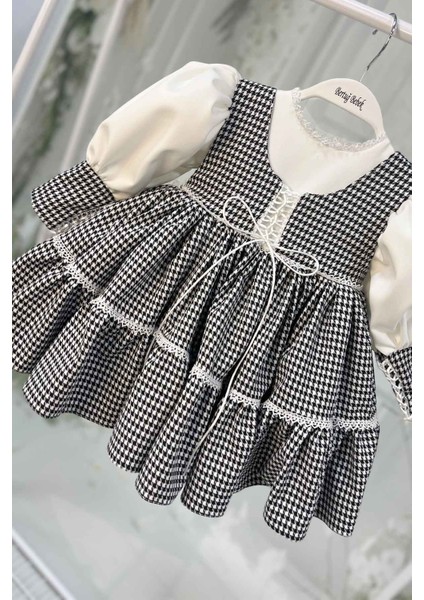 Kazayağı Desenli Krep Abiye Kız Çocuk Bebek Siyah Beyaz Elbise