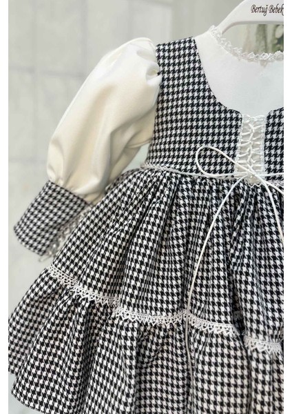 Kazayağı Desenli Krep Abiye Kız Çocuk Bebek Siyah Beyaz Elbise fiyatları