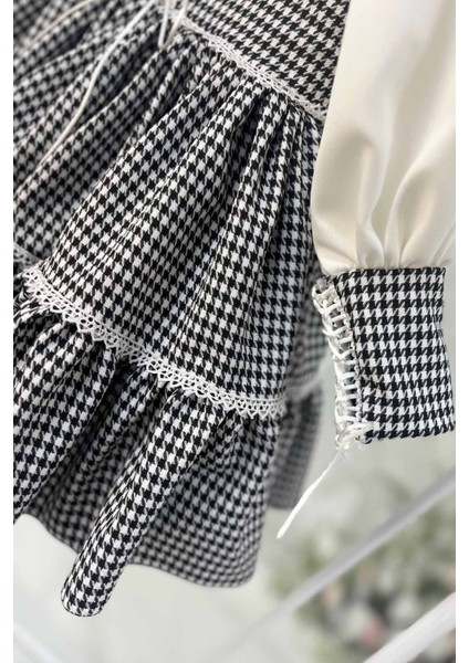 Kazayağı Desenli Krep Abiye Kız Çocuk Bebek Siyah Beyaz Elbise modelleri