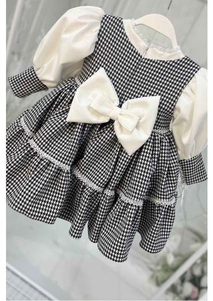 Kazayağı Desenli Krep Abiye Kız Çocuk Bebek Siyah Beyaz Elbise fırsatları