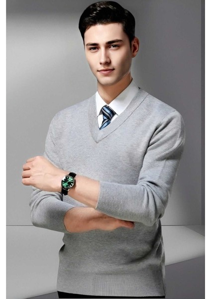Erkek V Yaka Uzun Kol Triko Tüylenmez Süveter Erkek Slim Fit Süveter fiyatları